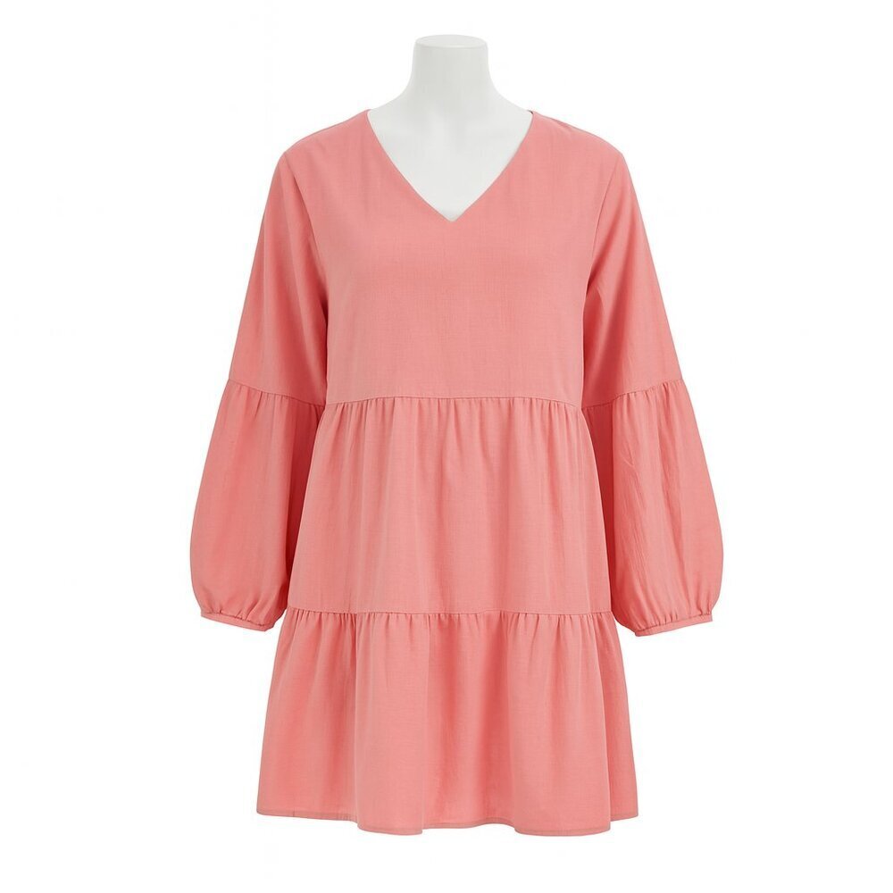 Amazon Boho Chic Pink Long Sleeve Tiered V-Neck Tunic Dress L NIB